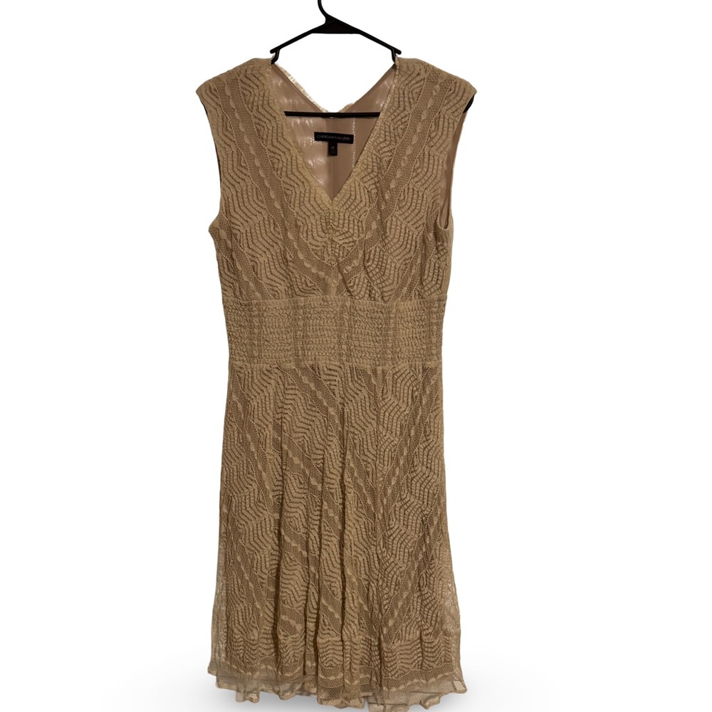 Feminine Smocked Waist Sleeves Lace Overlay Everyday Neutral Midi Dress Sz 12